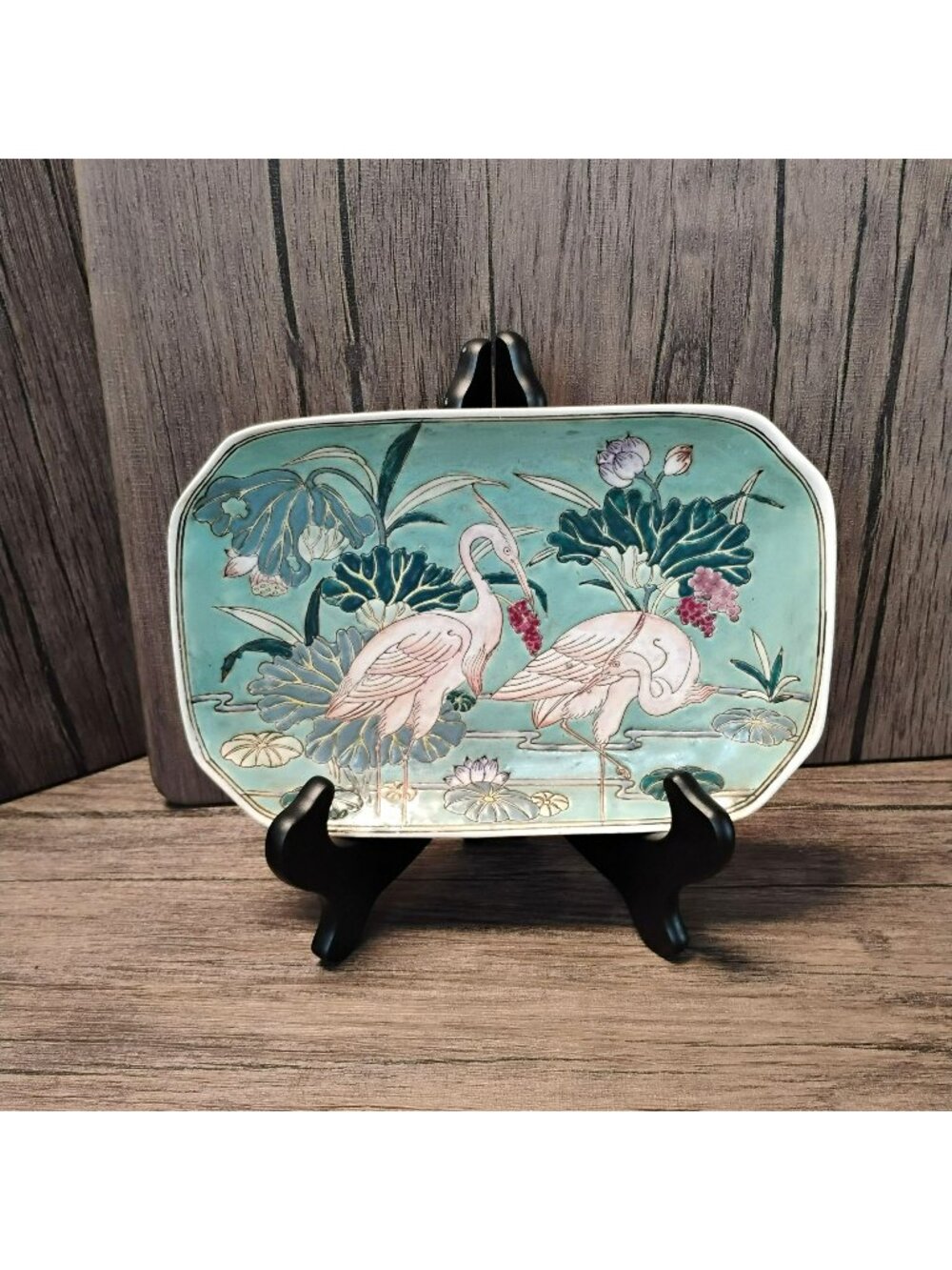Vintage Handpainted Heygill Dynasty Macau Heron Trinket Tray Ceramic Chinoiserie